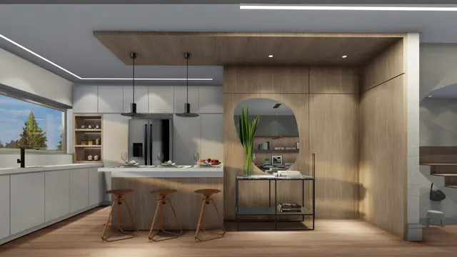 Cozinha com ilha e revestimento em madeira
