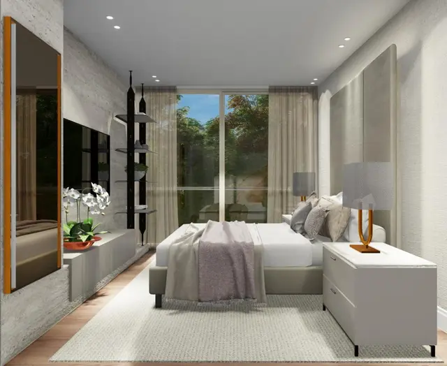 Quarto com janela para o jardim